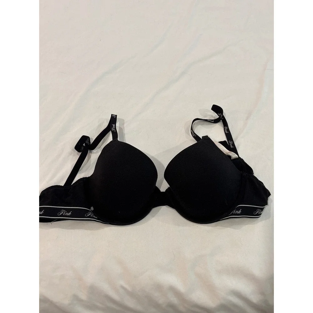 Victoria's Secret PINK‎ Wear Everywhere Push-Up Bra Black Logo Straps 36C